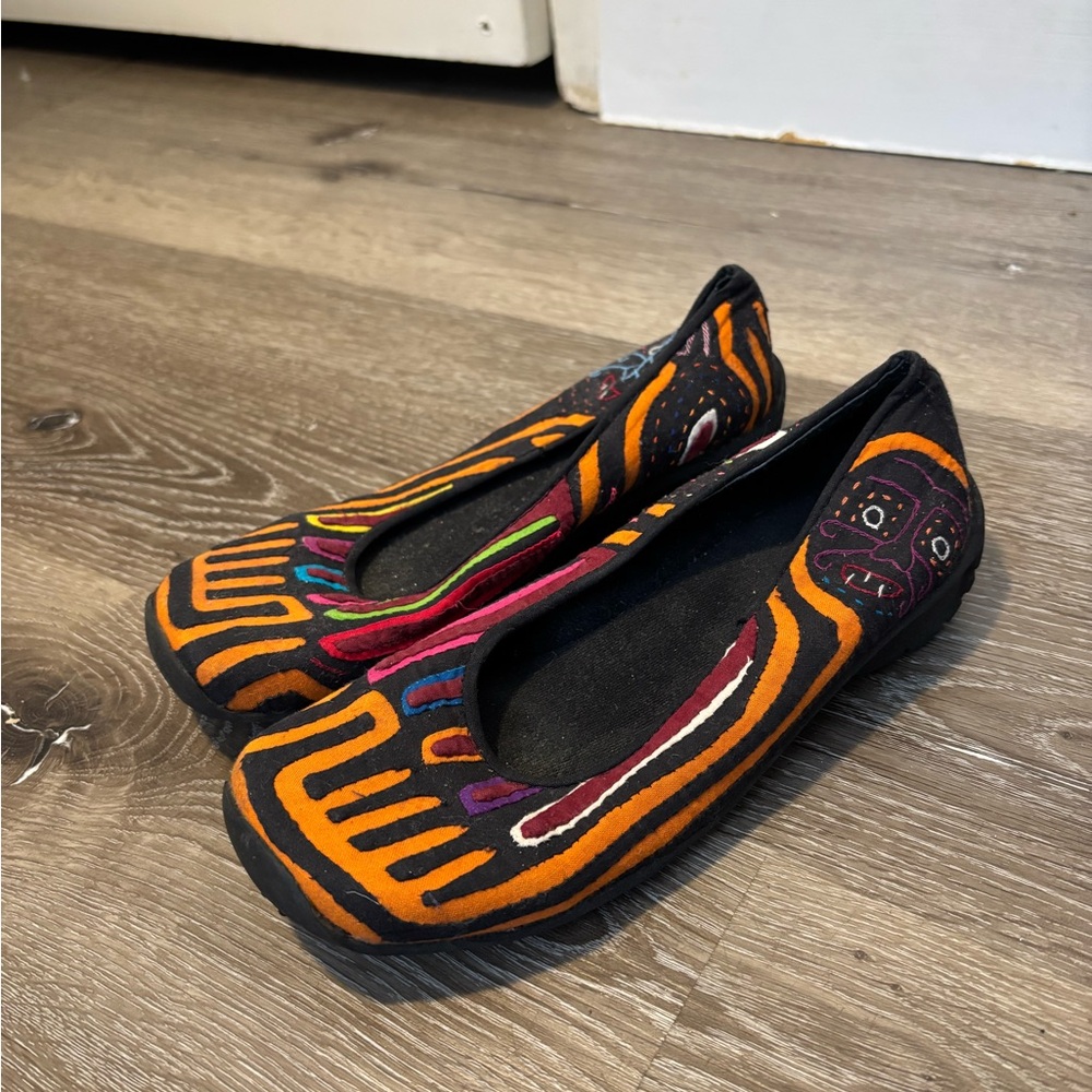 Vintage Orange and Black Flats with Striped Pattern